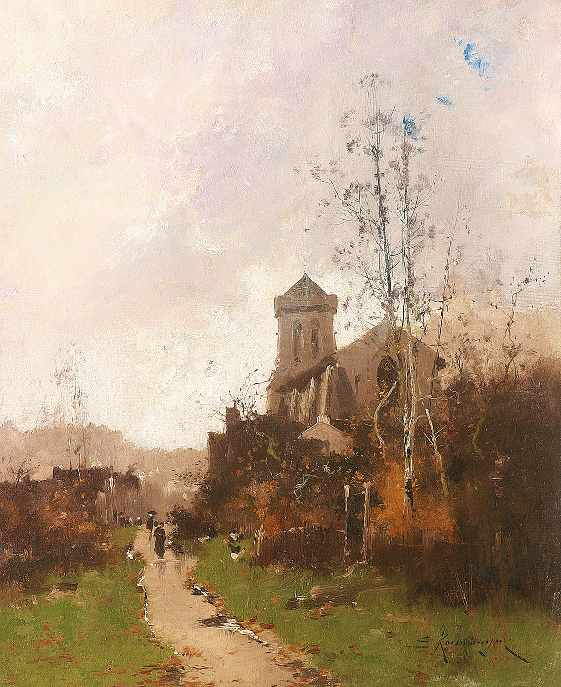 "A landscape in late autumn with people going to church"
