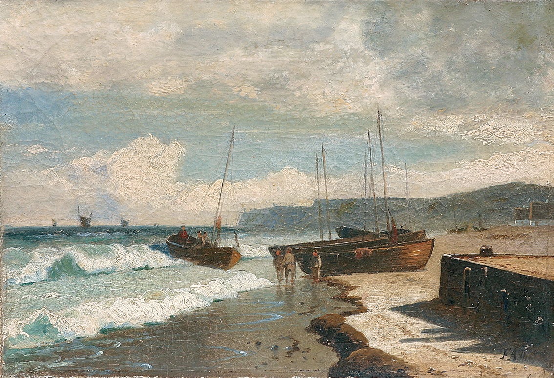 An extensive coastal view with fishermen and boats on th shore