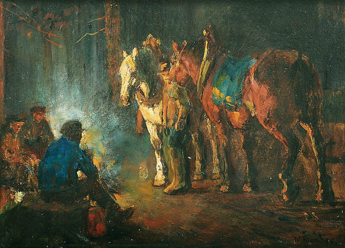 Holzfäller und Pferde im Feuerschein am Waldrand