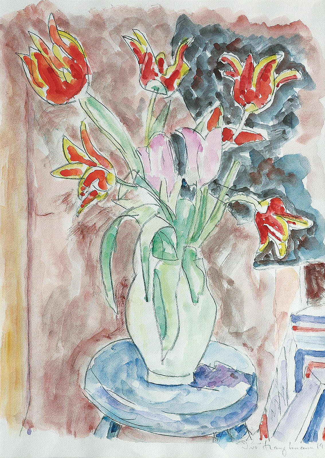 Stilleben mit Tulpen in einer hellgrünen Vase