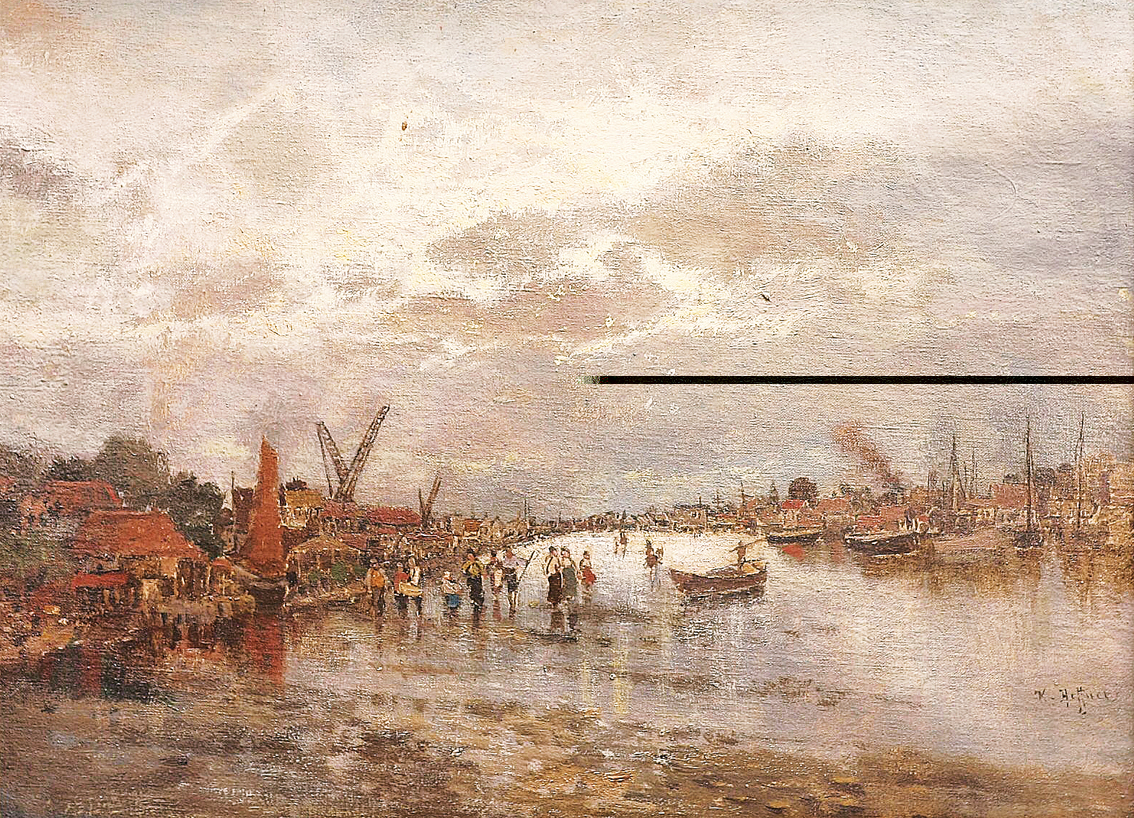 "A view on a port with figures and boats"