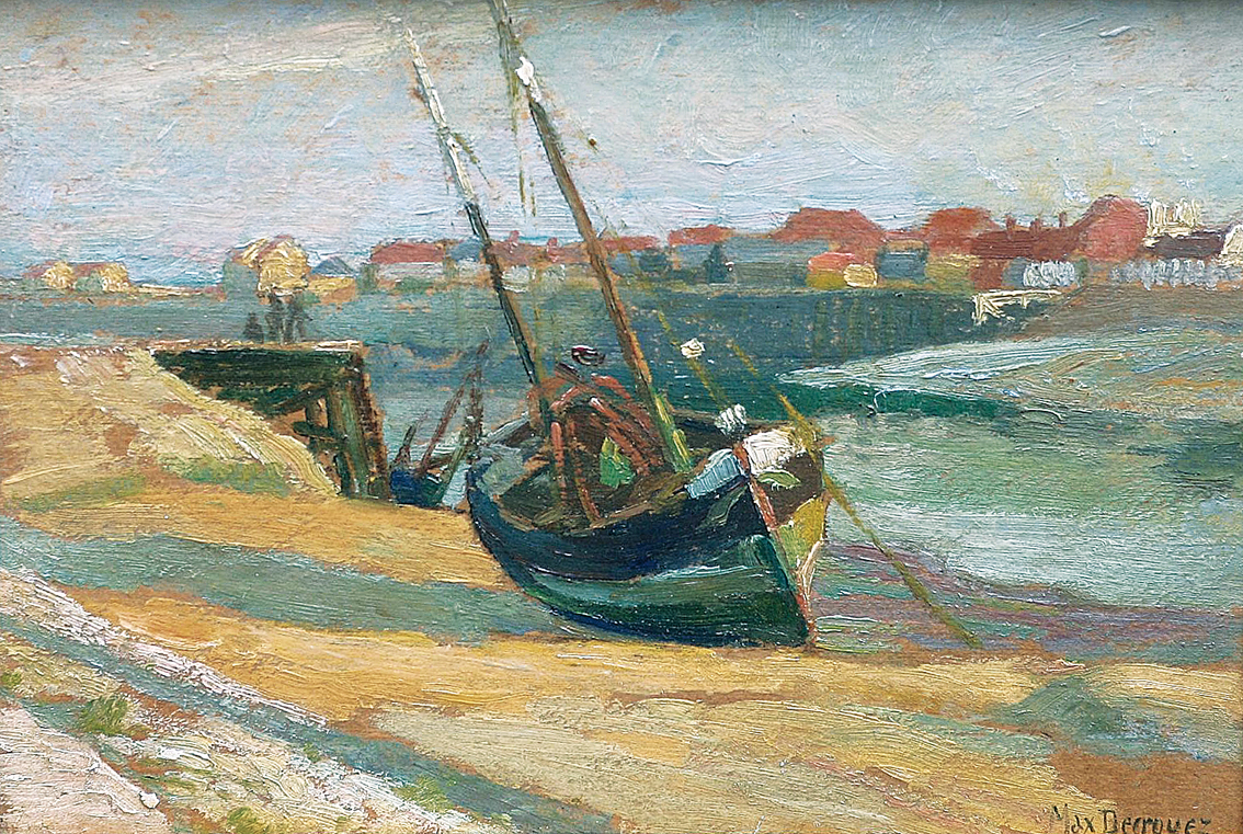 A harbour in Normandy with a cutter on the shore