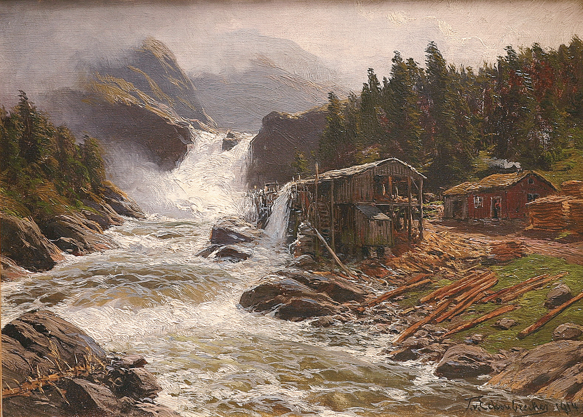 "Norwegischer Wasserfall mit Sägemühle"
