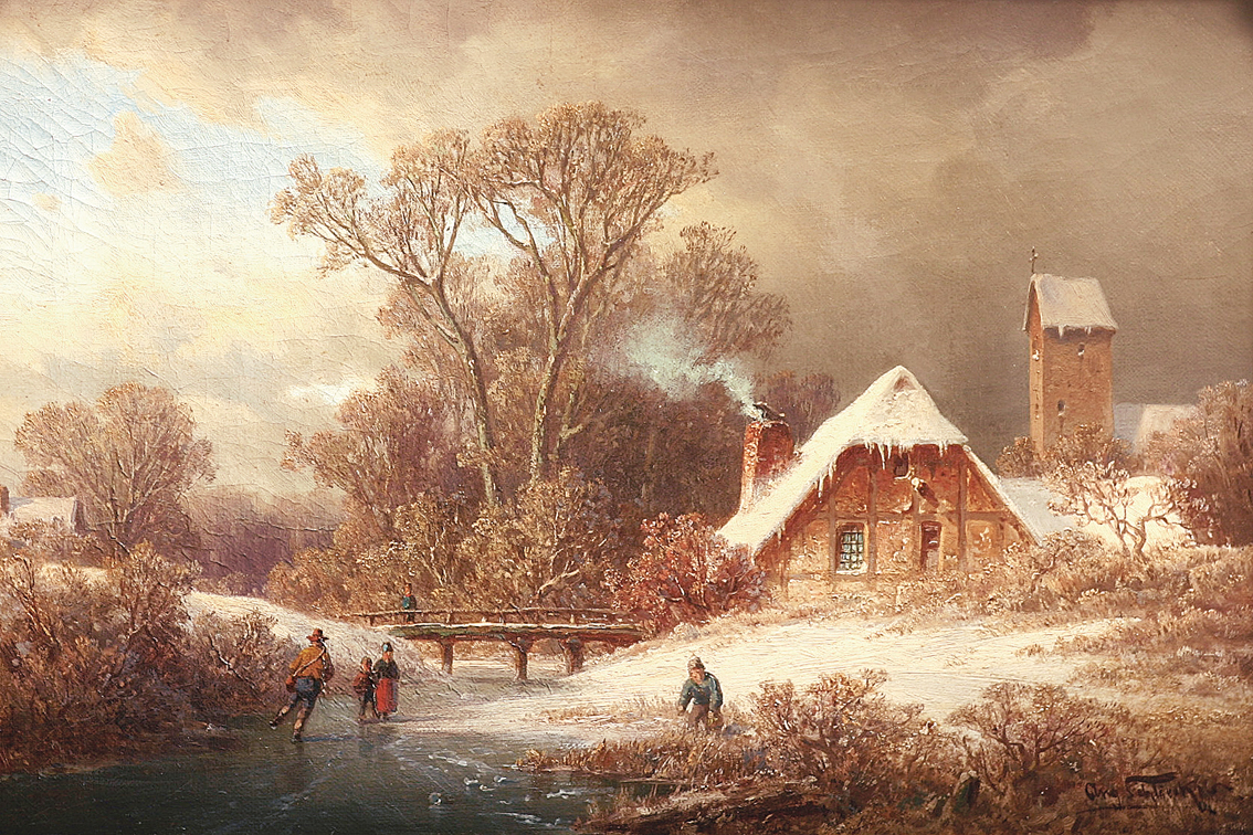 Winterlandschaft mit Eisläufern, Dorf und Wald