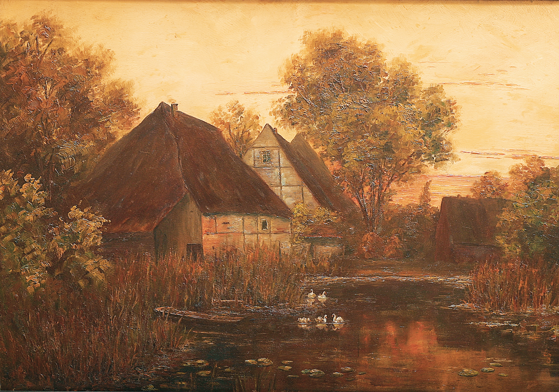 Evening mood in a village with ducks in the water