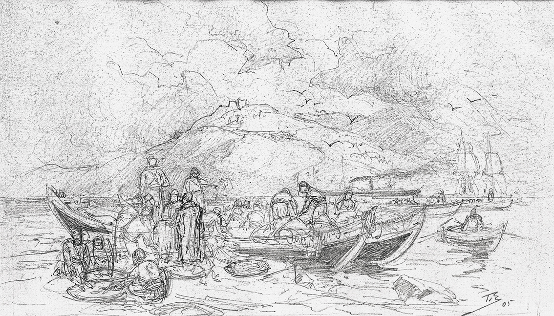 "A coastal view in Sicily with shell-fishers and their boats"