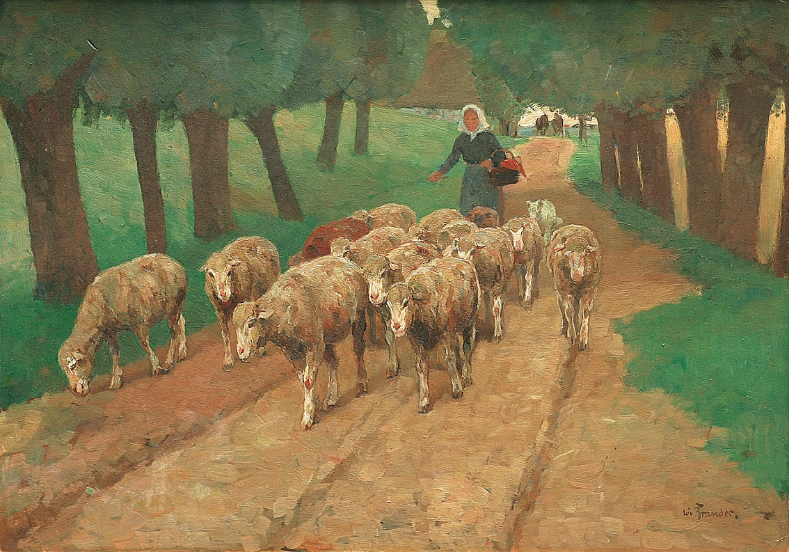 A shepherdess and her flock walking under trees