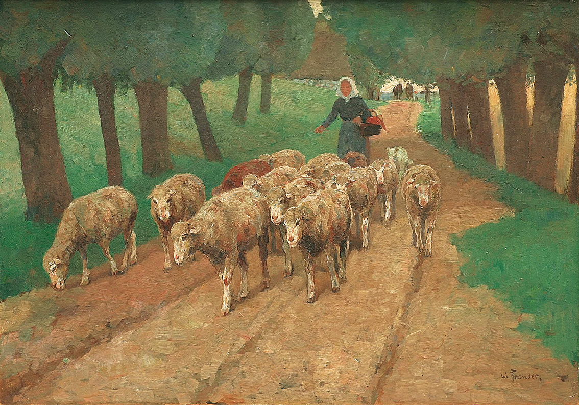 Willy Brandes - A shepherdess and her flock walking under trees A shepherdess and her flock walking under trees