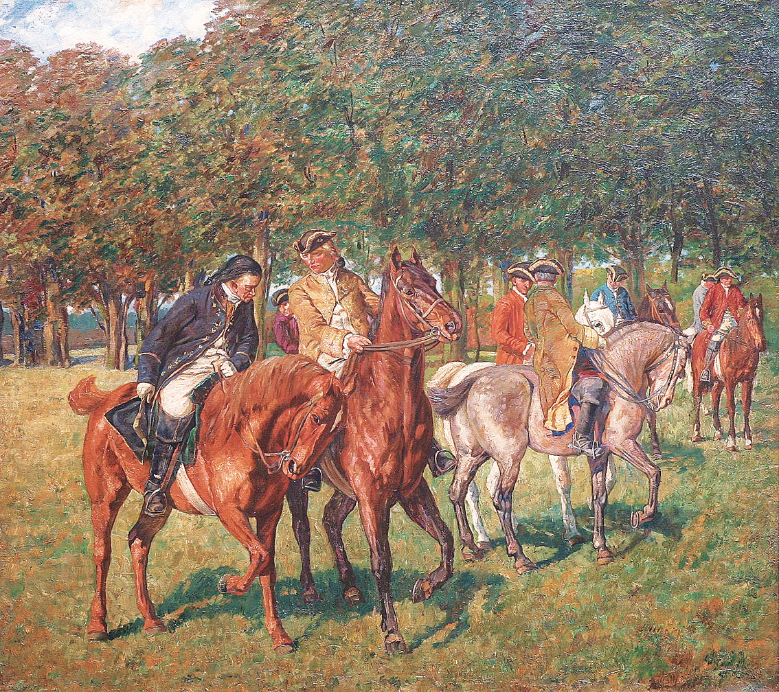 Reitergesellschaft (18.Jh.) vor dem Aufbruch zur Jagd
