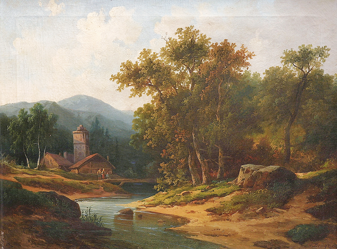 A wooded landscape with a streamlet, a tower and cottages, and figures beyond