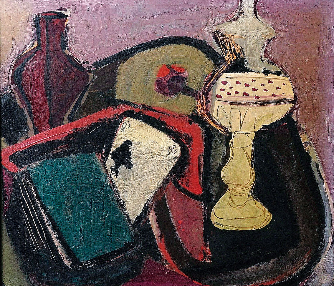"A stillife with playing-cards, a vase and a lamp"