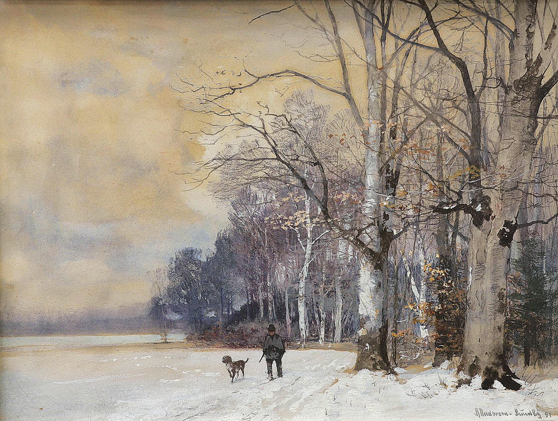 "A hunter and his dog near a wintry forest"