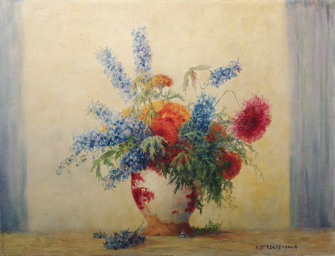 "A flower stillife with summer poppy, delphinium and buttercup"