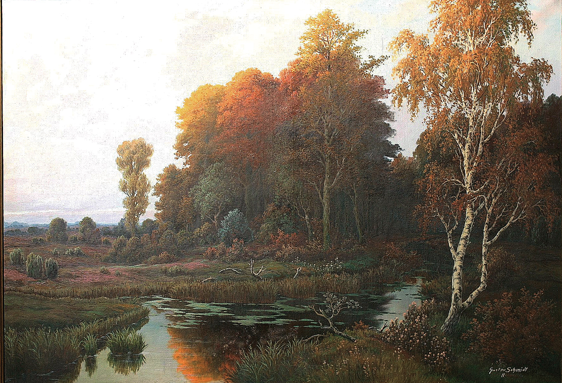A wooded heath-landscape and a streamlet in autumn