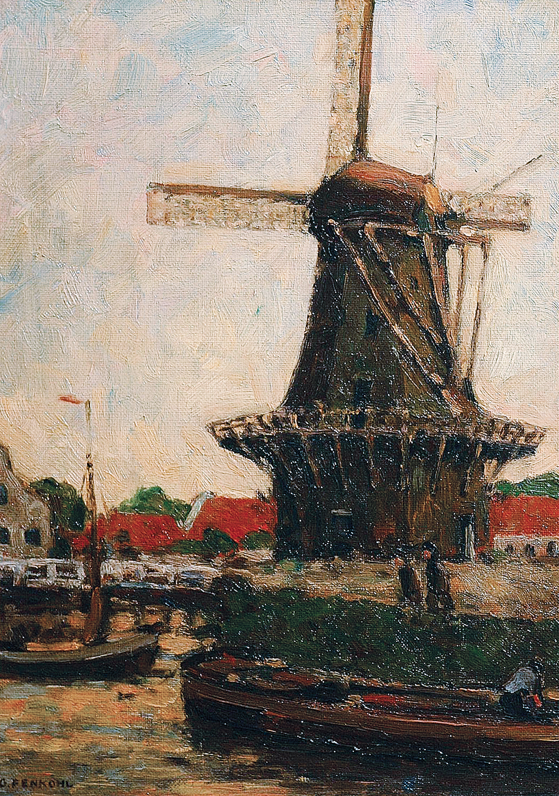A river landscape with a windmill, boats and figures