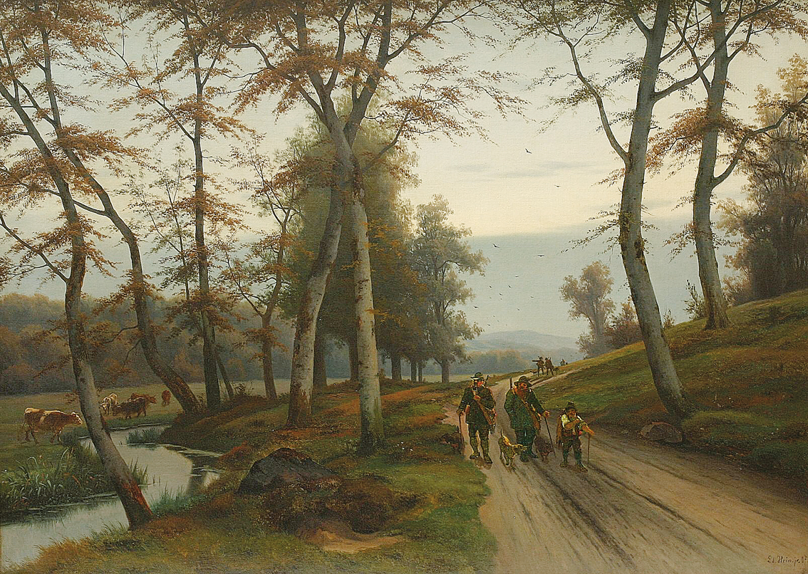 Eduard Hein jr. - A wooded view on the Rhine with hunters, hounds and watering cattle A wooded view on the Rhine with hunters, hounds and watering cattle