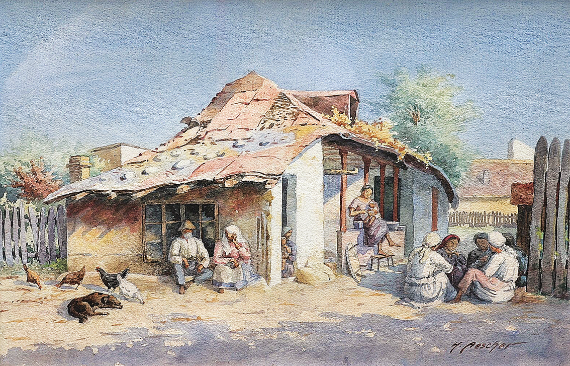 A peasant family with animals outside the farmhouse