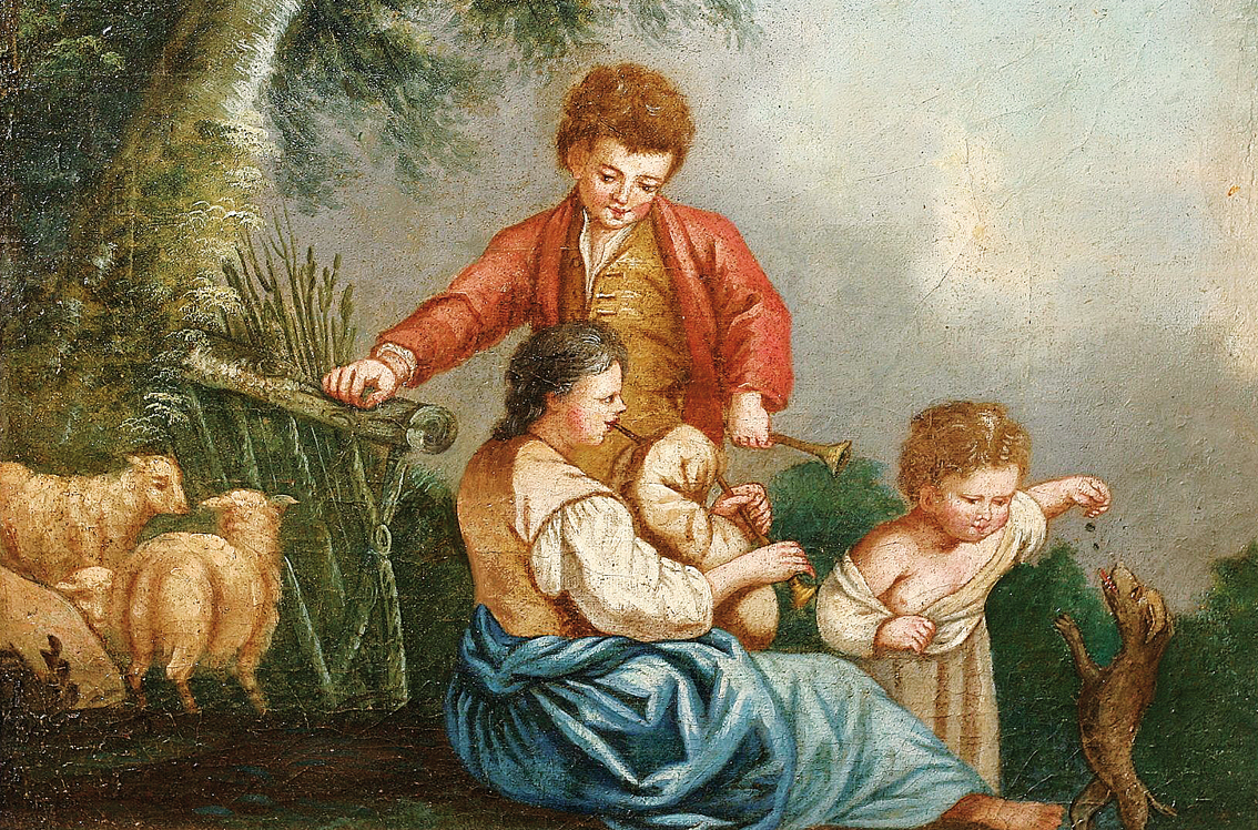 Hirtenfamilie mit Kind, Dudelsack, Schafen und Hund