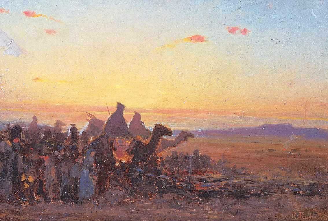 Camels and humans in a desert evening