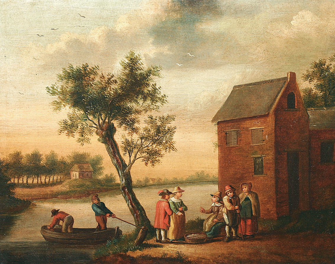 River-landscapes with fishermen and women, cottages and boats   -   a couple