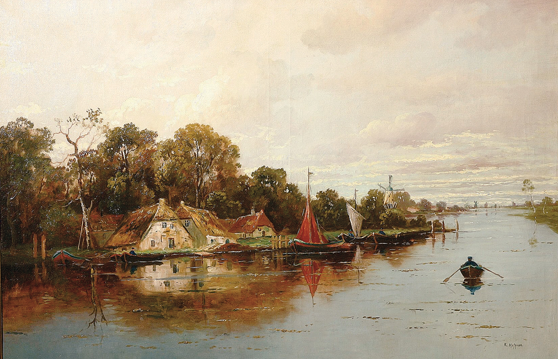 Große Flusslandschaft mit Gehöften, Windmühlen, Wald und Booten