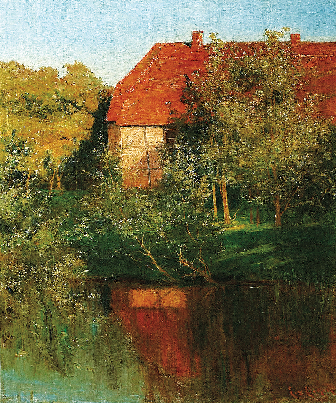 "A cottage at a pond in sunset"