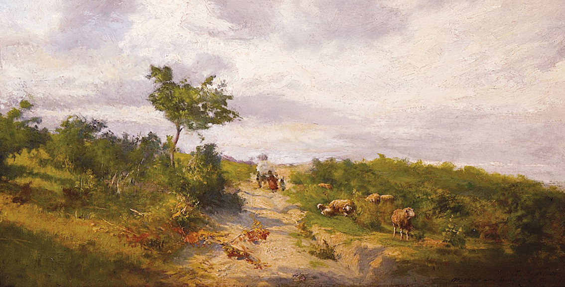 Landschaft mit Sandweg, Planwagen, Personen und grasenden Schafen