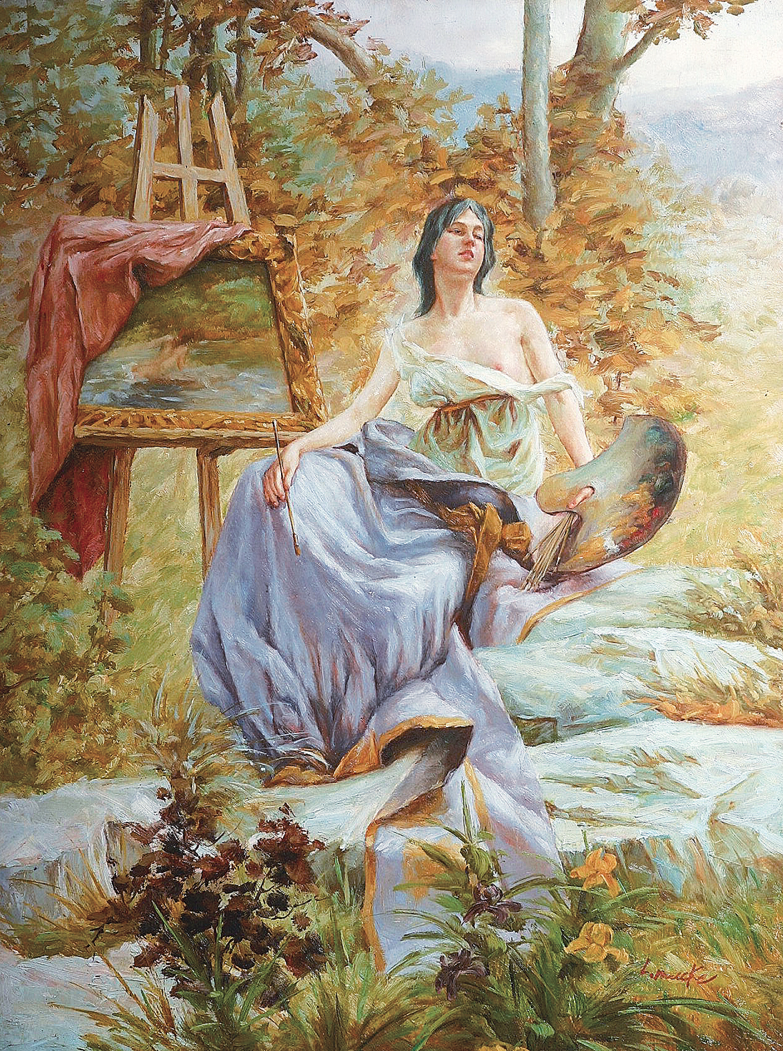 "A beautiful female painter in a forest landscape"