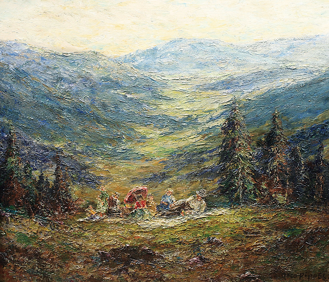 "A mountainous landscape with persons having a picnic"