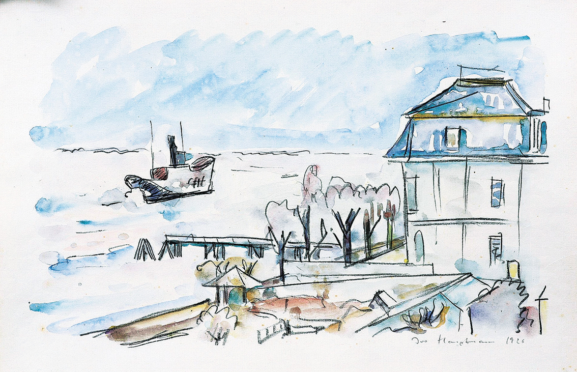 The Elbe in Blankenese with a landing-stage, a boat and a house
