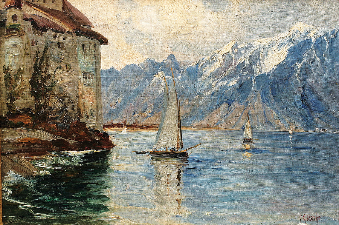 "Segelboote auf dem Genfer See beim Château Chillon"