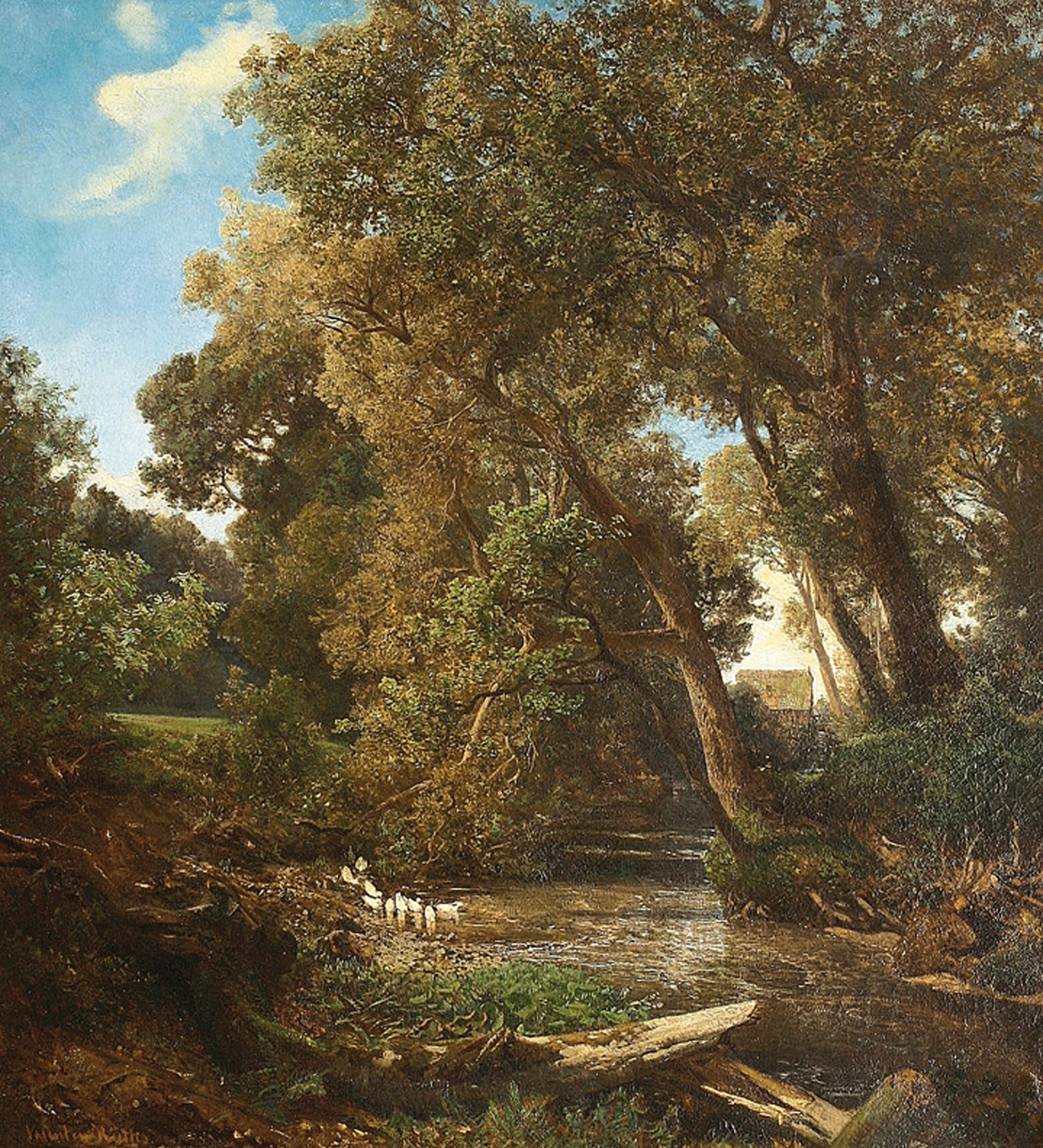 "A wooded landscape with a brook and white ducks, a watermill beyond"
