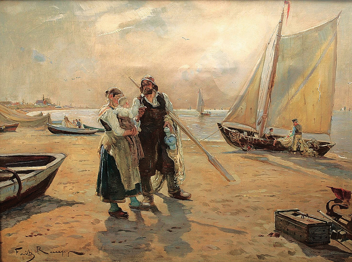A fishercouple with a child in a coastal landscape