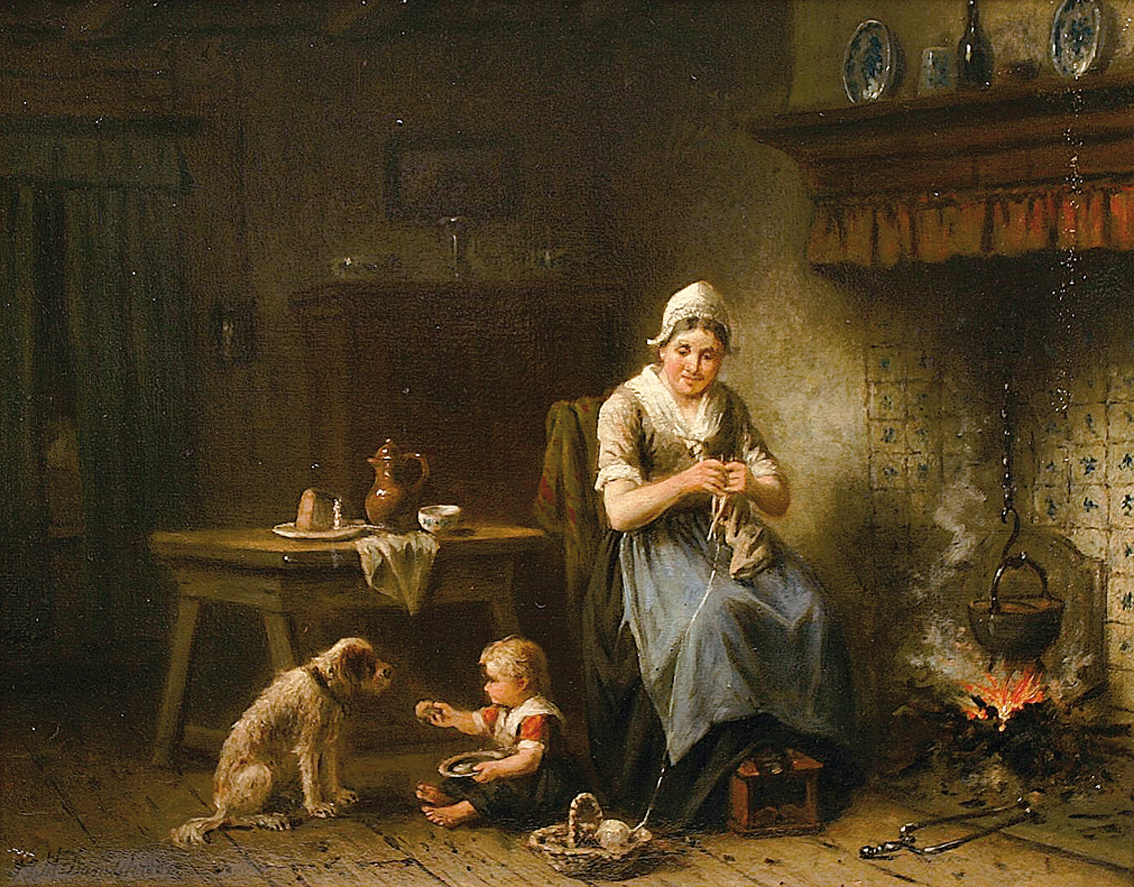 Familienszene in der Friesenküche mit Mutter, Kind und Hund