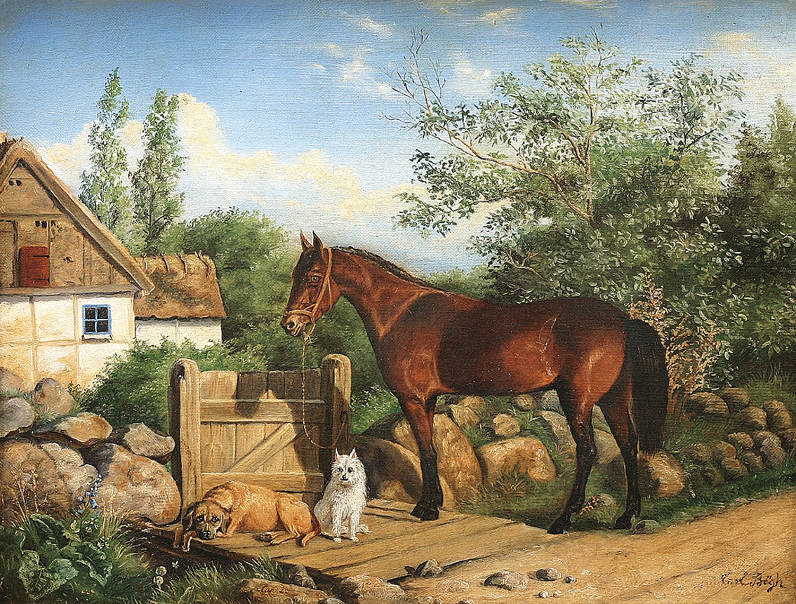 Ein Pferd und zwei Hunde warten vor dem Hof