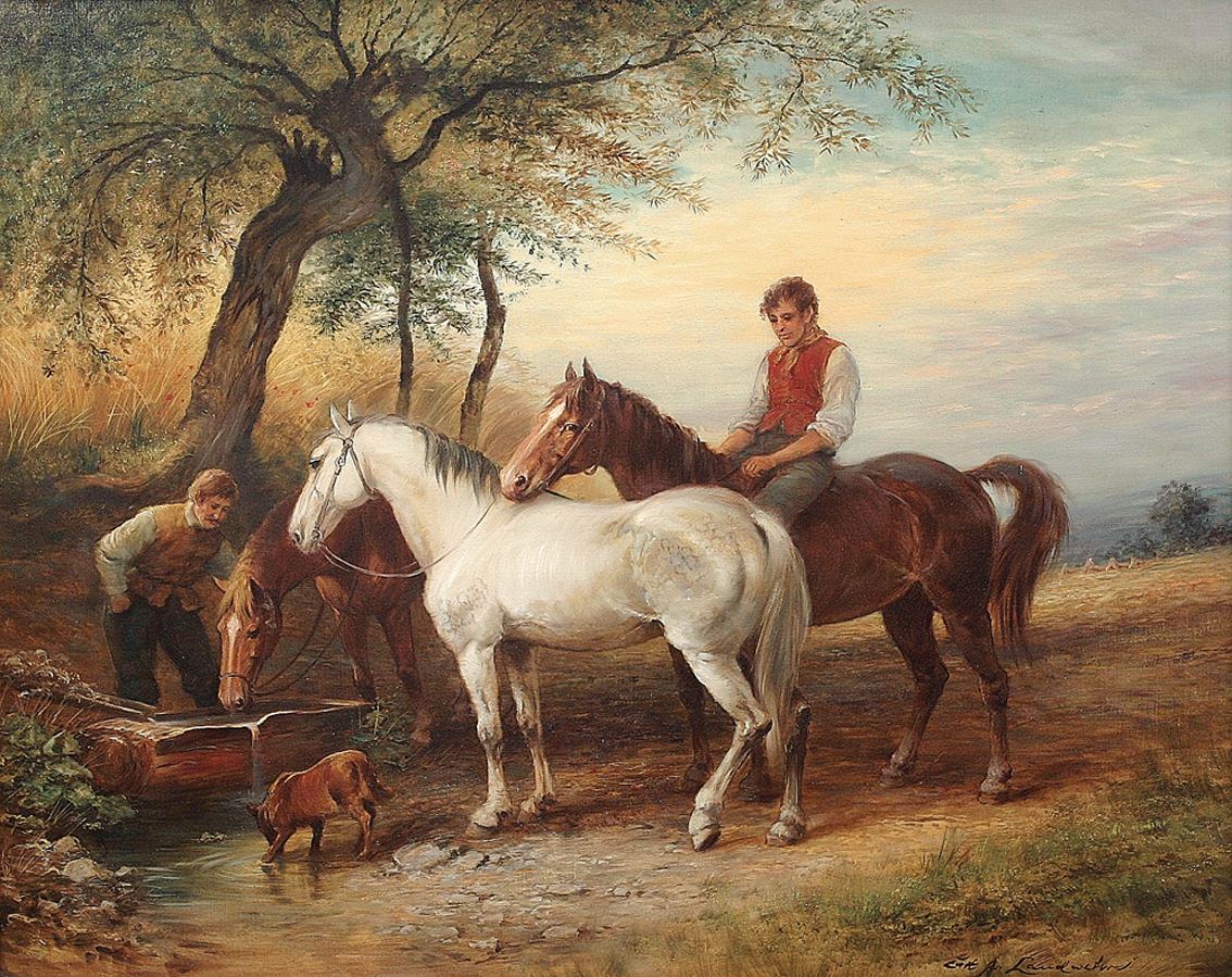 Bauernburschen mit Pferden und Hund an der Tränke