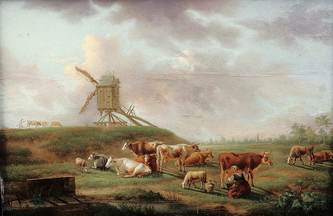 A peasant woman with cattle and sheep in a countryside, a windmill beyond