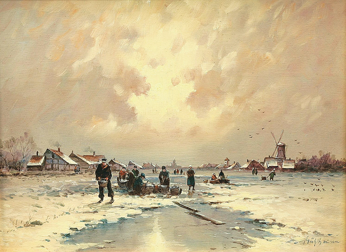 A winter evening scene with figures on ice in a village at the Lower Rhine