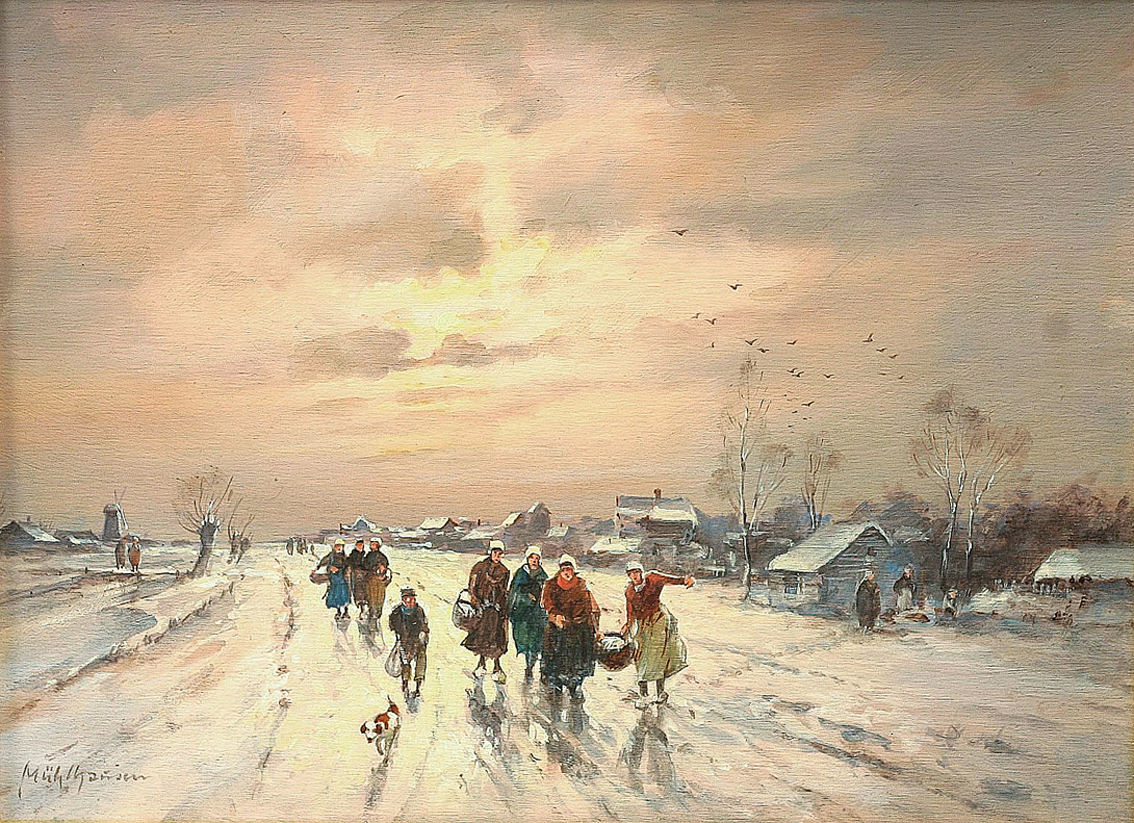 A winter evening in a village, fisherwomen coming home