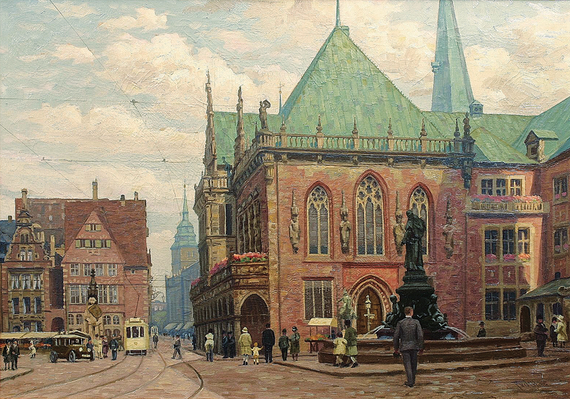 "Belebte Teilansicht von Bremen mit Rathaus und Roland"