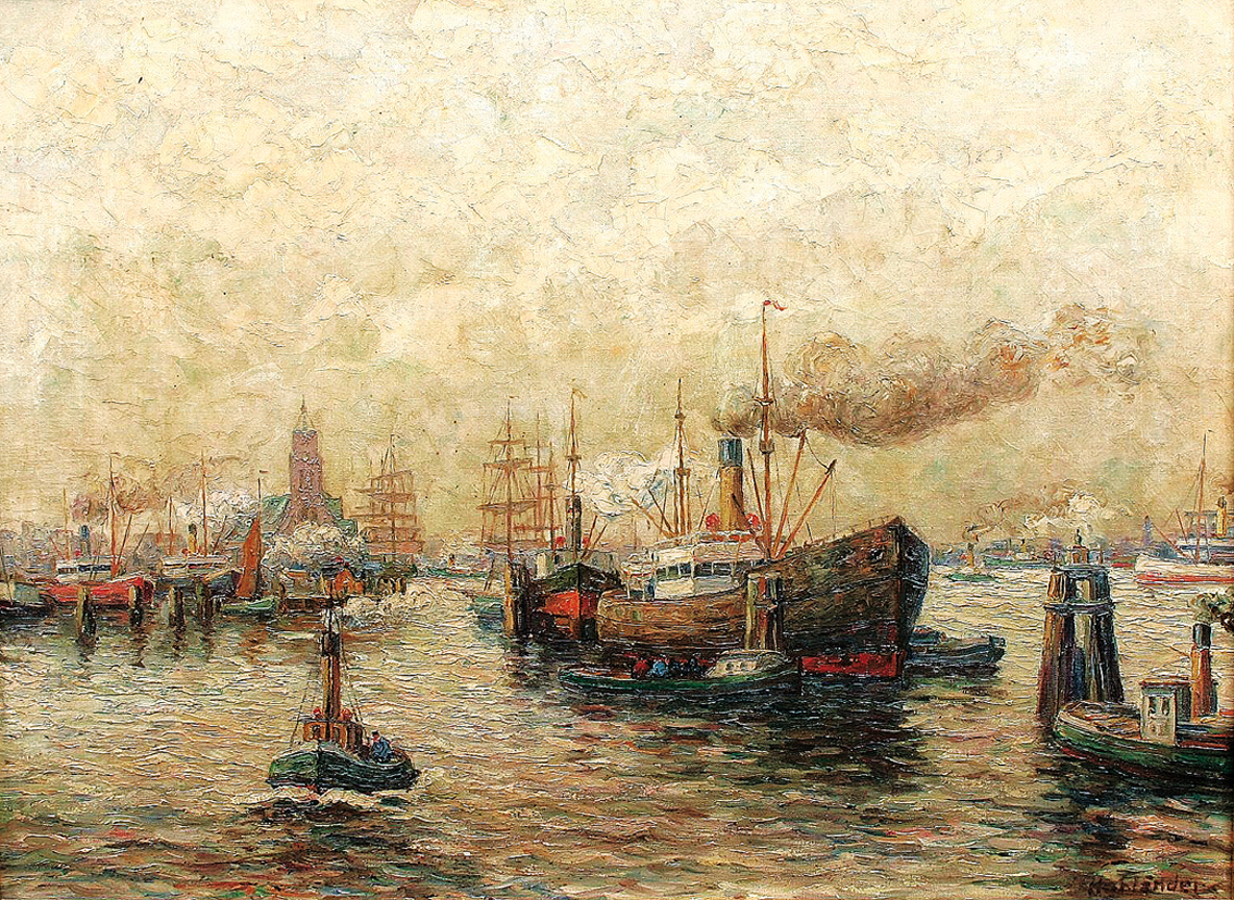 An impression of Hamburg Harbour with cargos and tugs