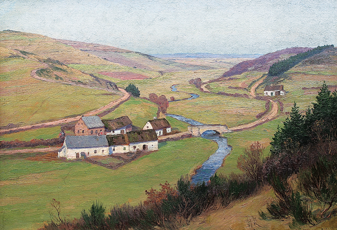 A landscape in the 'Eifel' with cottages and a streamlet in a valley