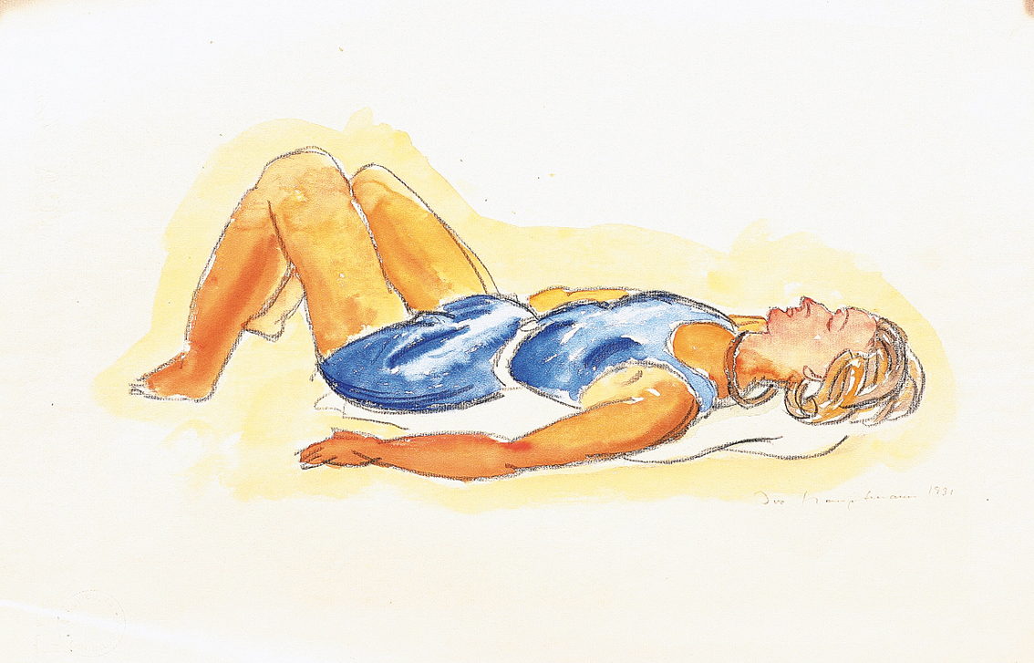 A lying woman in a blue maillot de bain (Sylt)