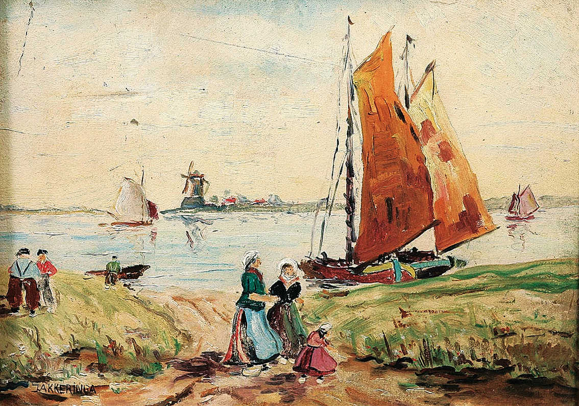 A river landscape with figures, boats and a windmill beyond