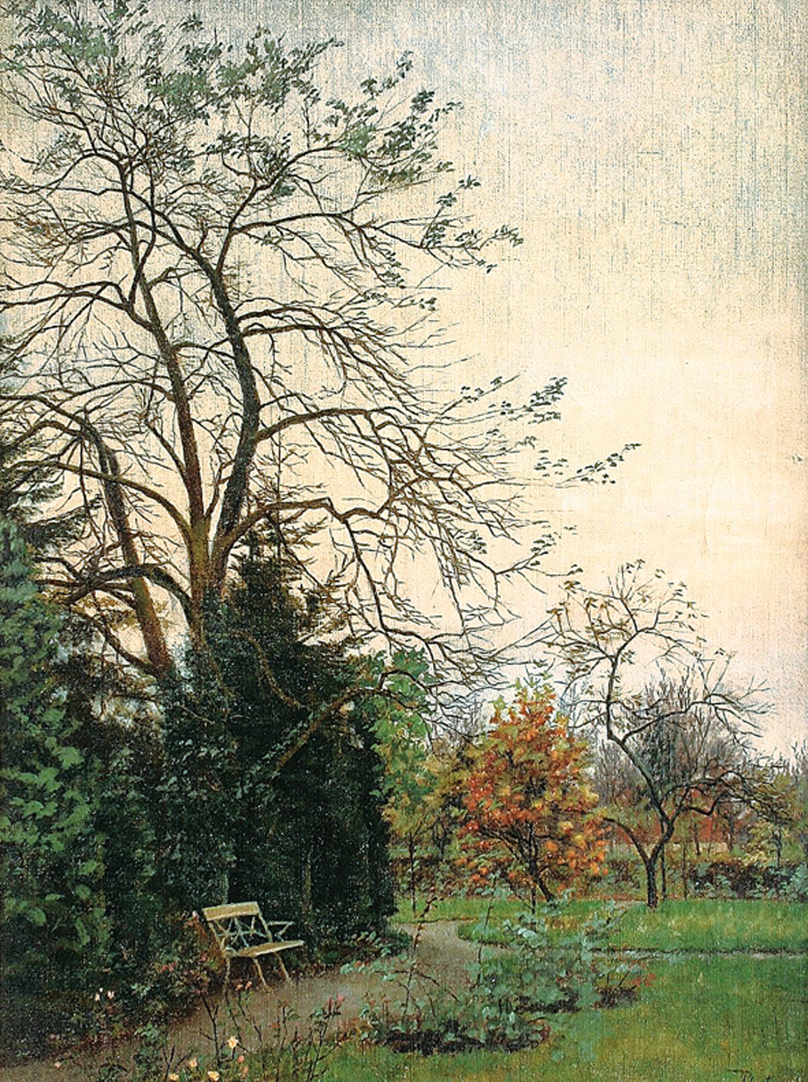 "A view on a garden and a white bench"