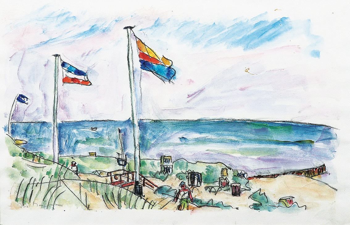 "Sylt: a coastal scene with waving flags"