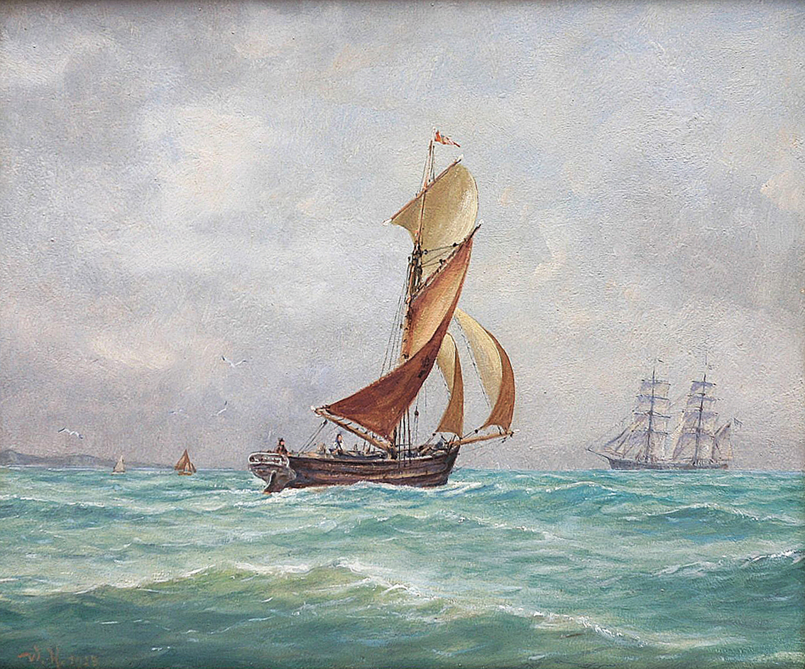 Willy Hanken - "Fishing boats and a bark, steep banks in the distance" "Fishing boats and a bark, steep banks in the distance"
