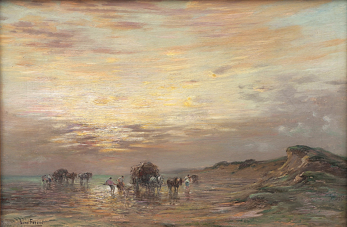 "A dune landscape in the evening with horsedrawn carriages to the left"