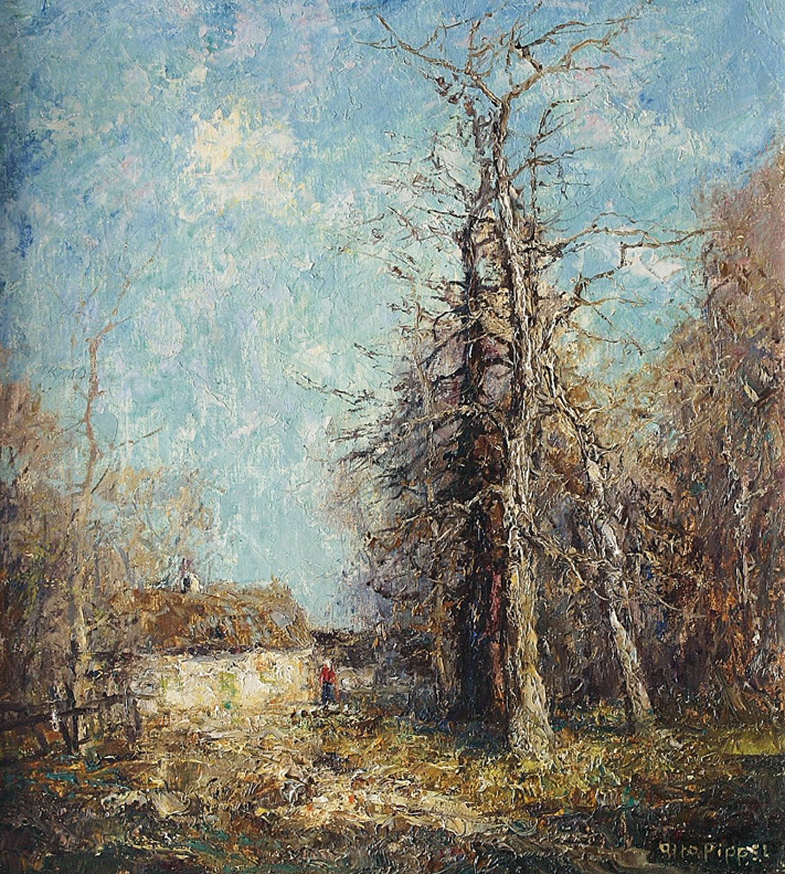 "A landscape with cottages and trees and a figure in early springtime"