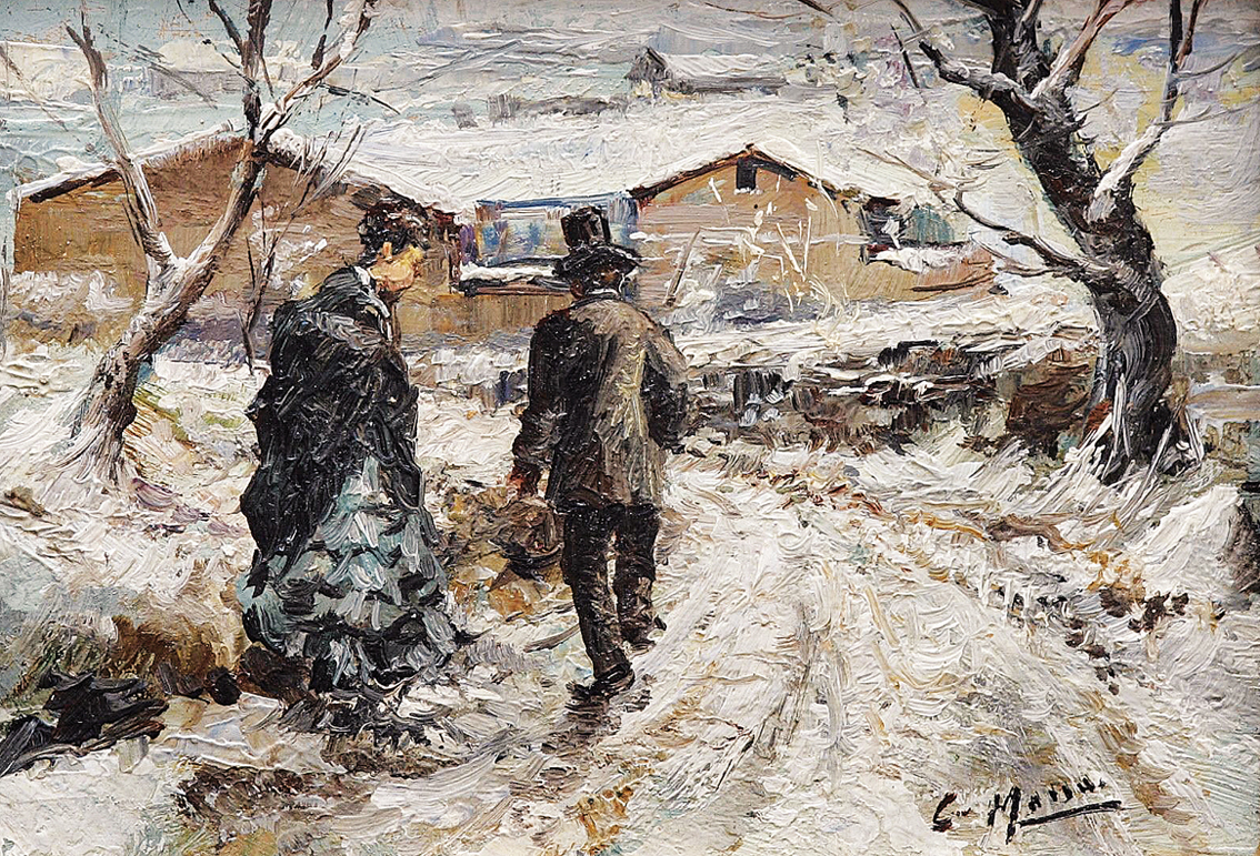 "A couple coming home to the farmhouse in wintertime"